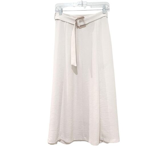 Zara Skirt Womens Medium Ivory Belted A-Line Midi Side Zip High Waist Polyester - Picture 4 of 10